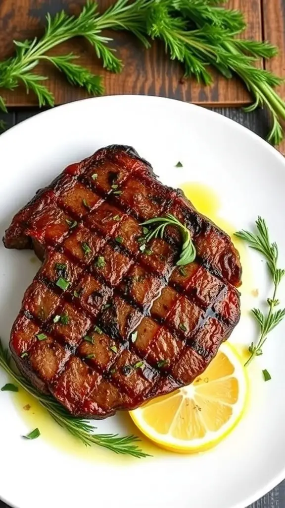 Grilled skirt steak garnished with herbs and lemon