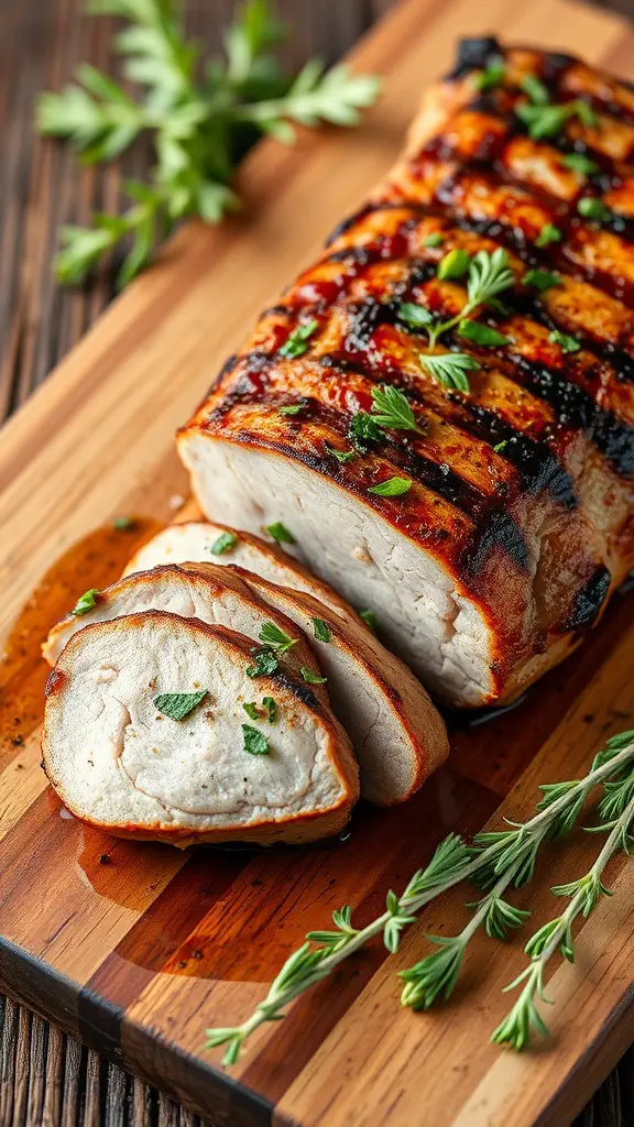 Grilled pork tenderloin with herbs and garnishing.
