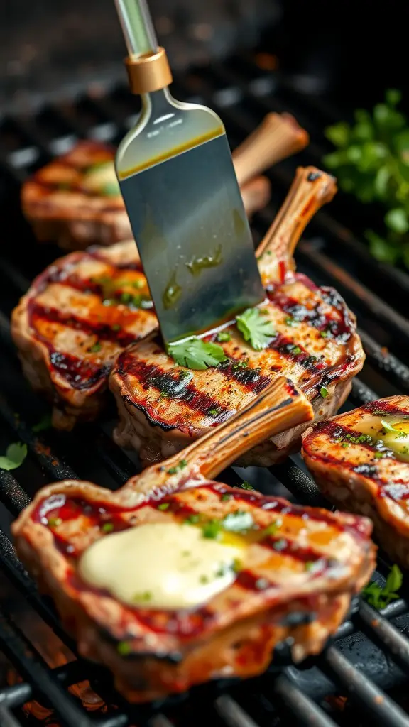 Grilled lamb chops being basted with herb and garlic butter on a grill.