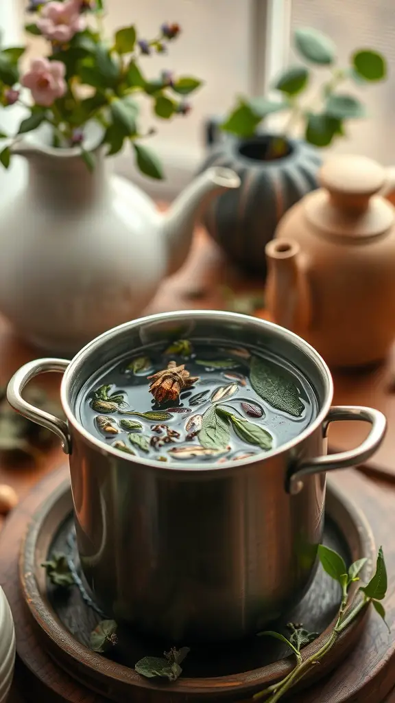 A pot of herbal tea with fresh herbs and flowers around