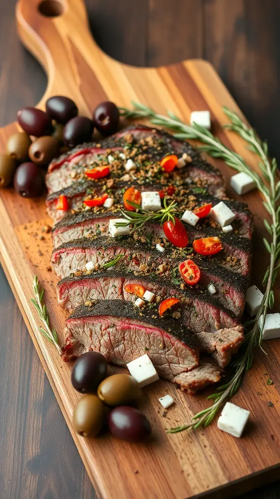 A beautifully grilled flank steak seasoned with herbs and garnished with olives and tomatoes.