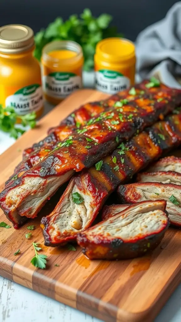 Delicious herbed mustard glazed ribs on a wooden cutting board