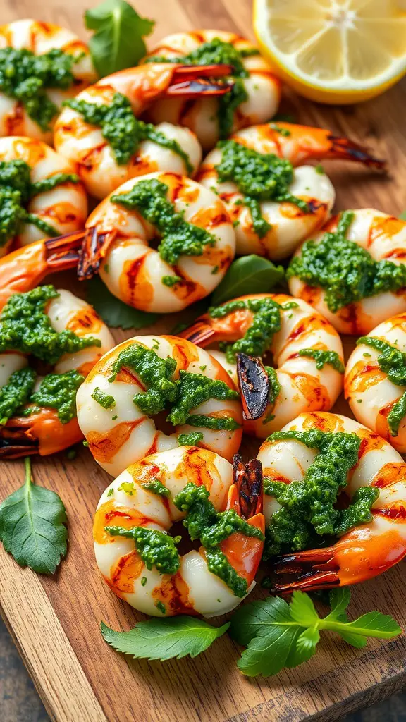 Grilled shrimp topped with herbed pesto on a wooden platter