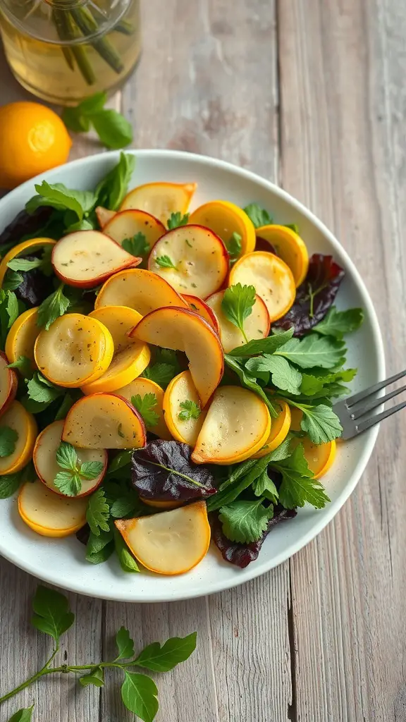 A fresh herbed summer squash salad with mixed greens and herbs.