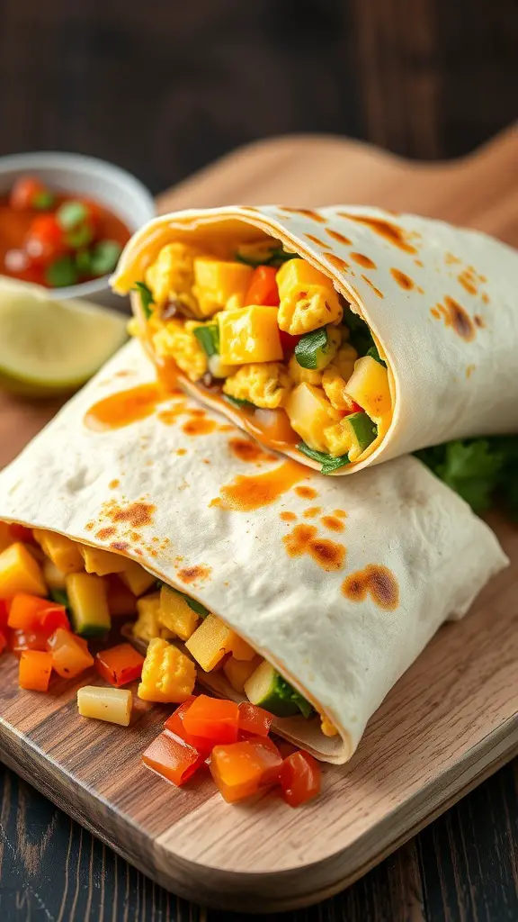 Delicious homemade breakfast burrito served with salsa on a wooden platter.