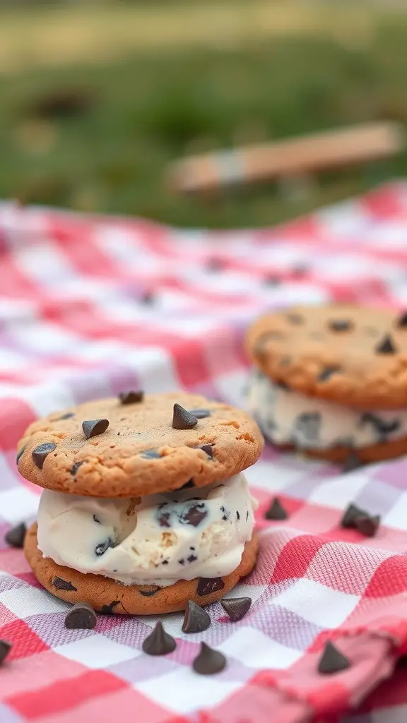 Two homemade ice cream sandwiches on a picnic blanket