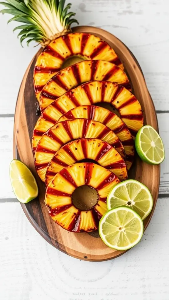 Honey-lime glazed pineapple rings on a wooden platter with lime slices.