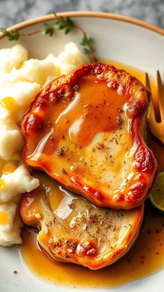 Honey Garlic Baked Pork Chops served with mashed potatoes