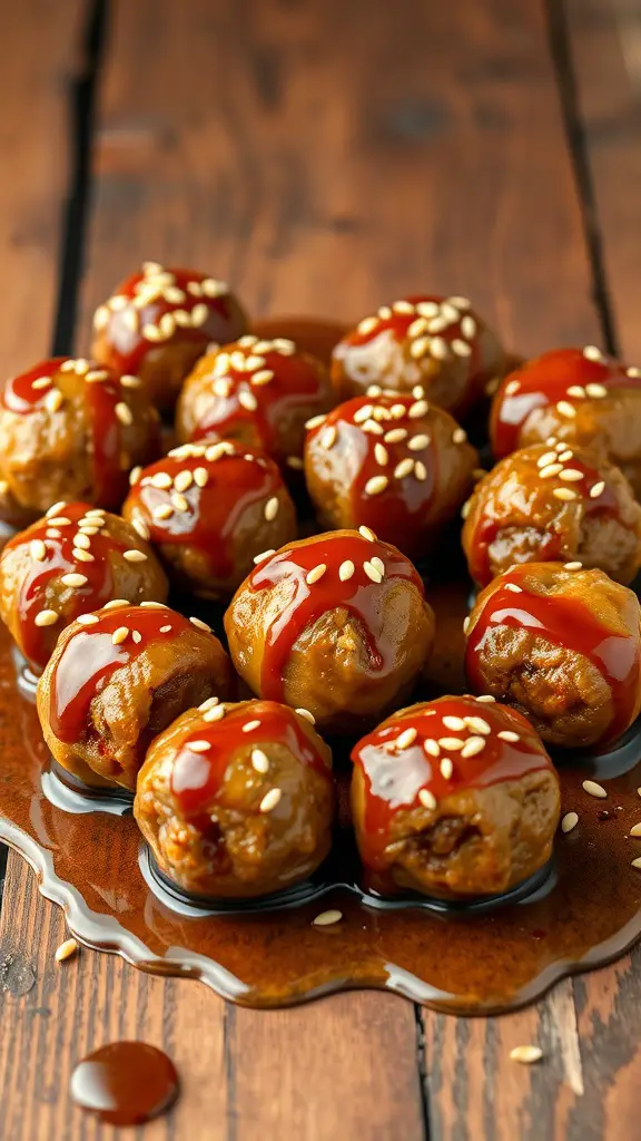 Honey Garlic Glazed Meatballs on a wooden surface with a sticky glaze.