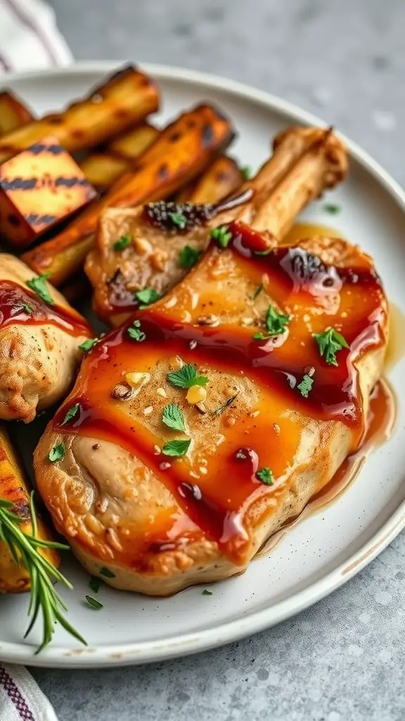 Plate of honey garlic glazed pork chops with grilled vegetables