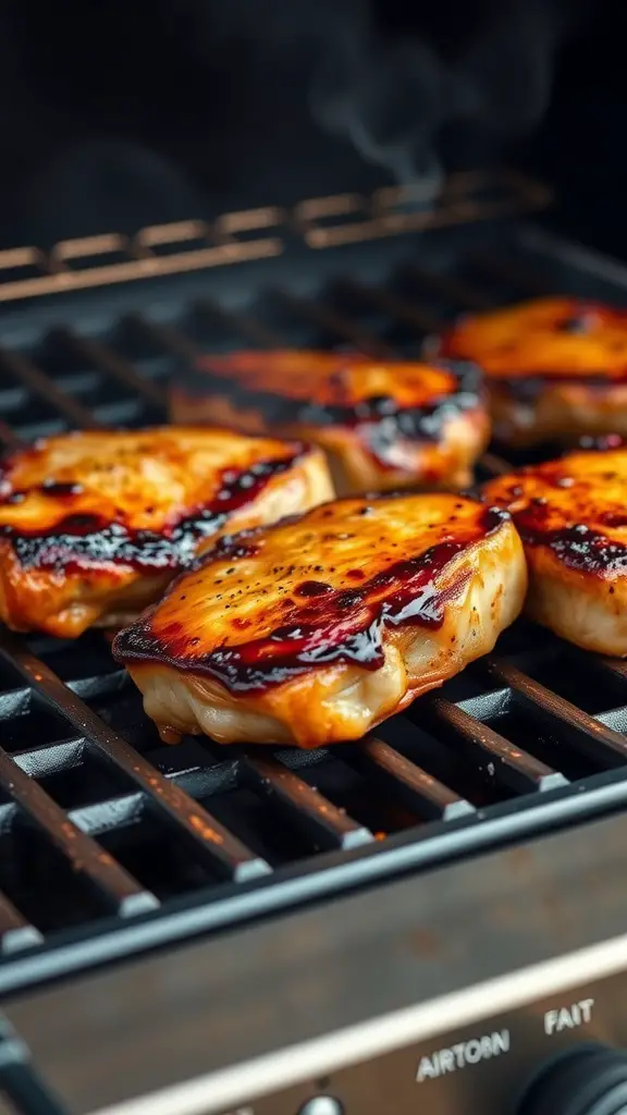 Honey garlic glazed pork loin chops on a grill.