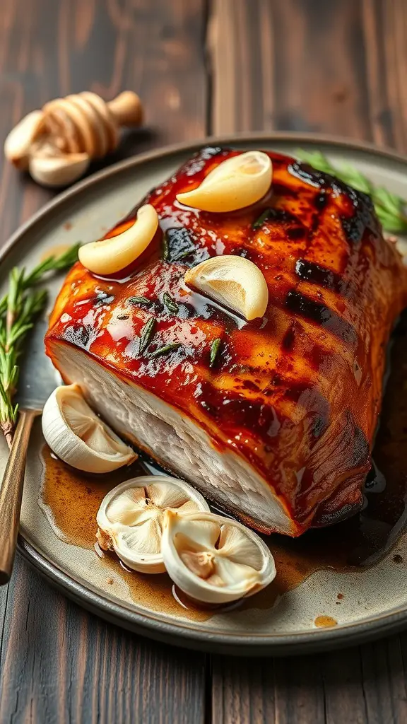 Grilled pork loin with honey garlic glaze and garlic cloves