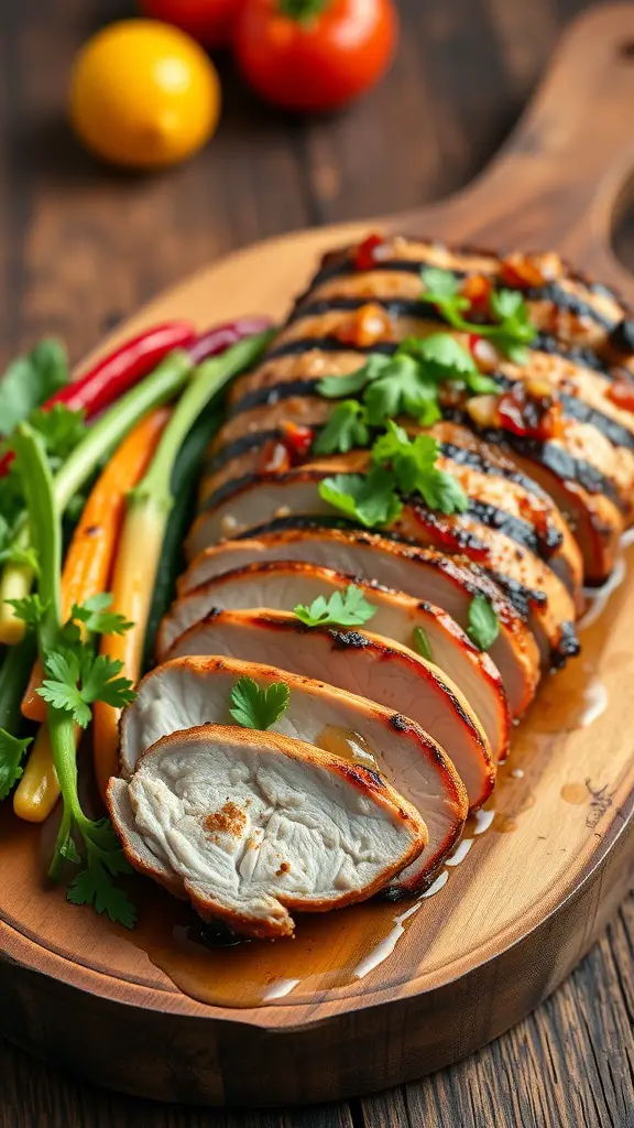 Sliced honey garlic grilled pork tenderloin on a wooden board with vegetables