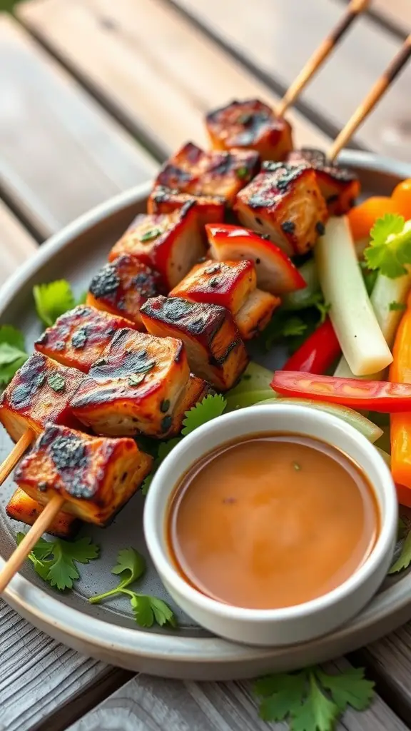 Honey garlic pork belly skewers on a plate with a dipping sauce.