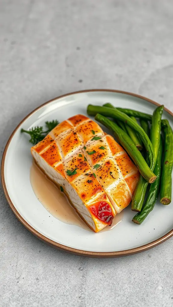 A plate of honey garlic salmon and green beans