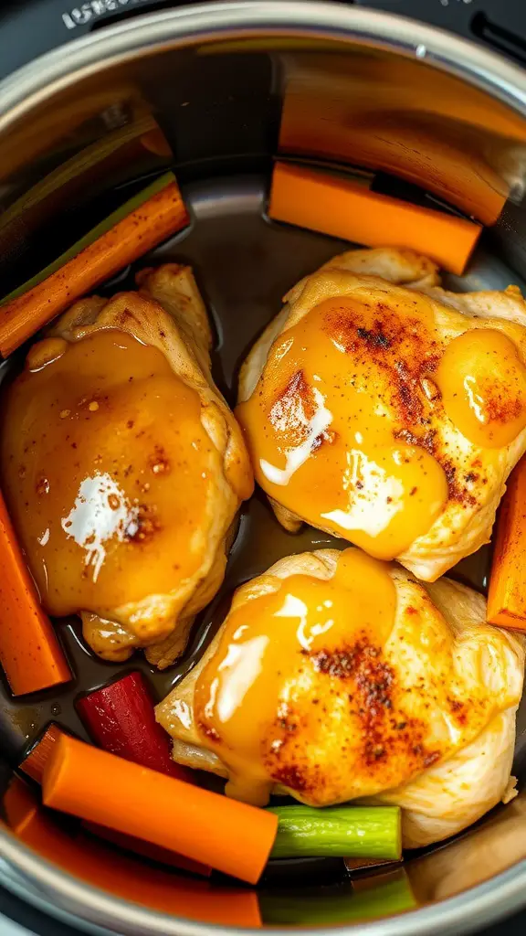 Delicious honey mustard chicken thighs in a pot with carrots and celery.