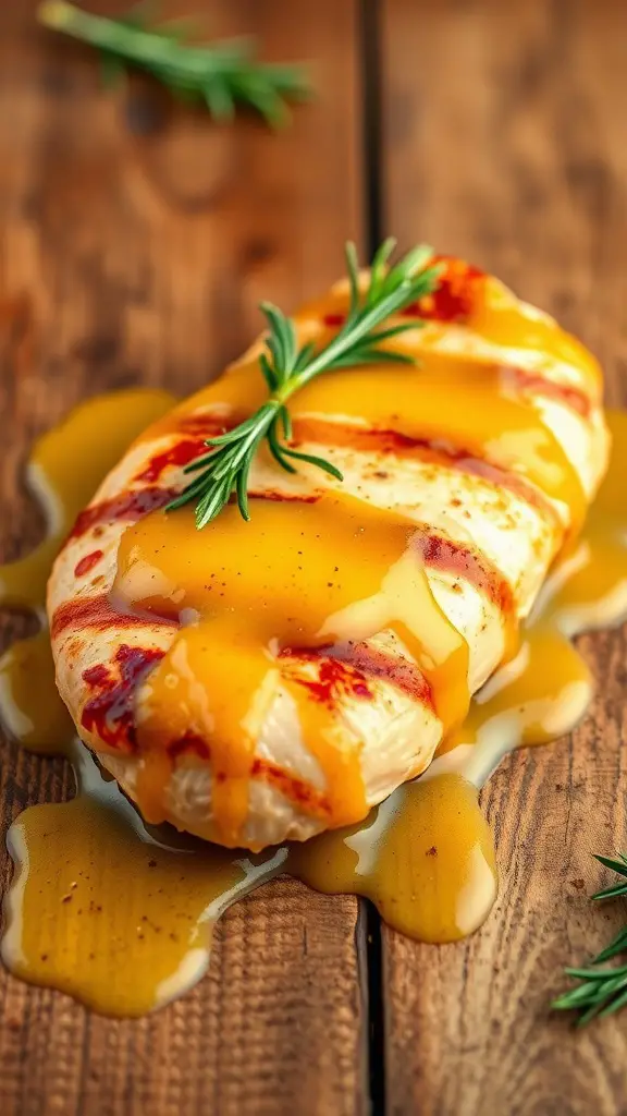 Delicious honey mustard glazed chicken on a wooden table.