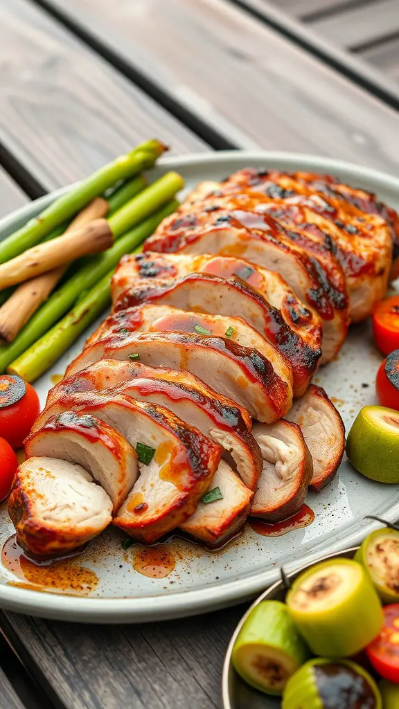 Grilled pork tenderloin slices served with vegetables on a plate.