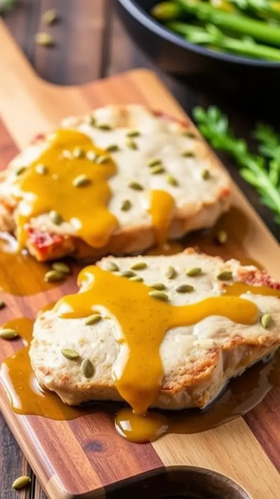 Honey mustard glazed pork chops with a sweet and tangy sauce.