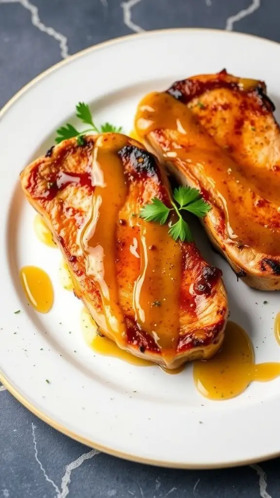 Honey mustard glazed pork chops served on a plate with a drizzle of sauce.