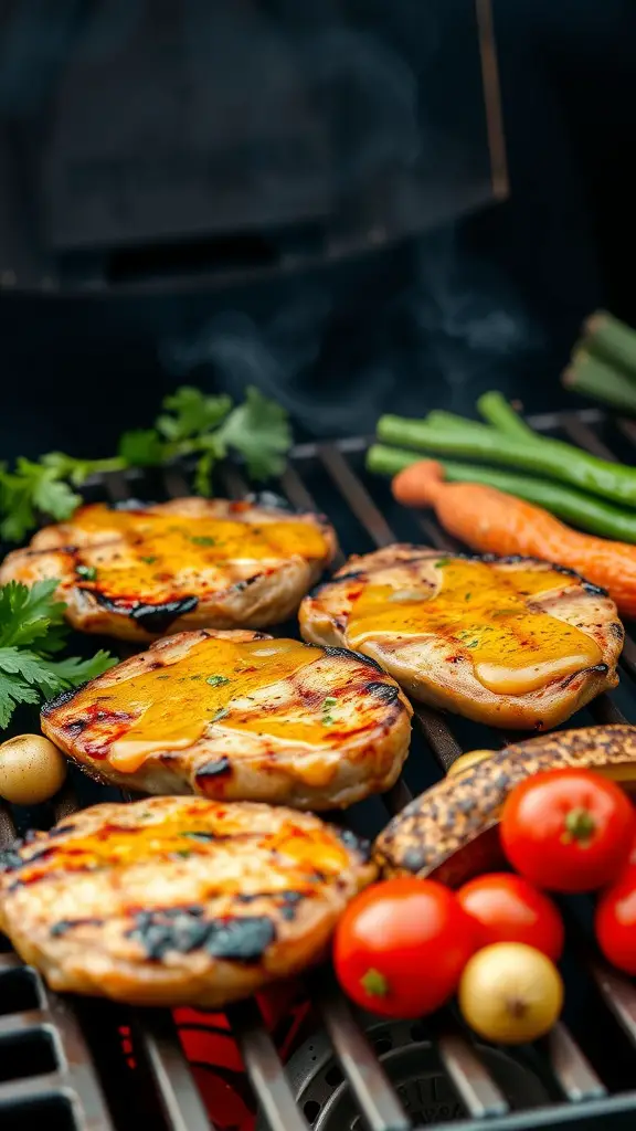 Grilled pork chops with a honey mustard glaze on a grill