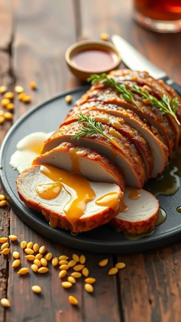Honey mustard glazed pork tenderloin slices on a plate