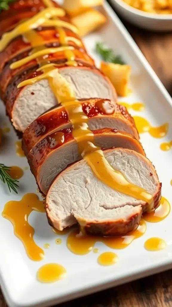 Honey mustard glazed pork tenderloin sliced and garnished