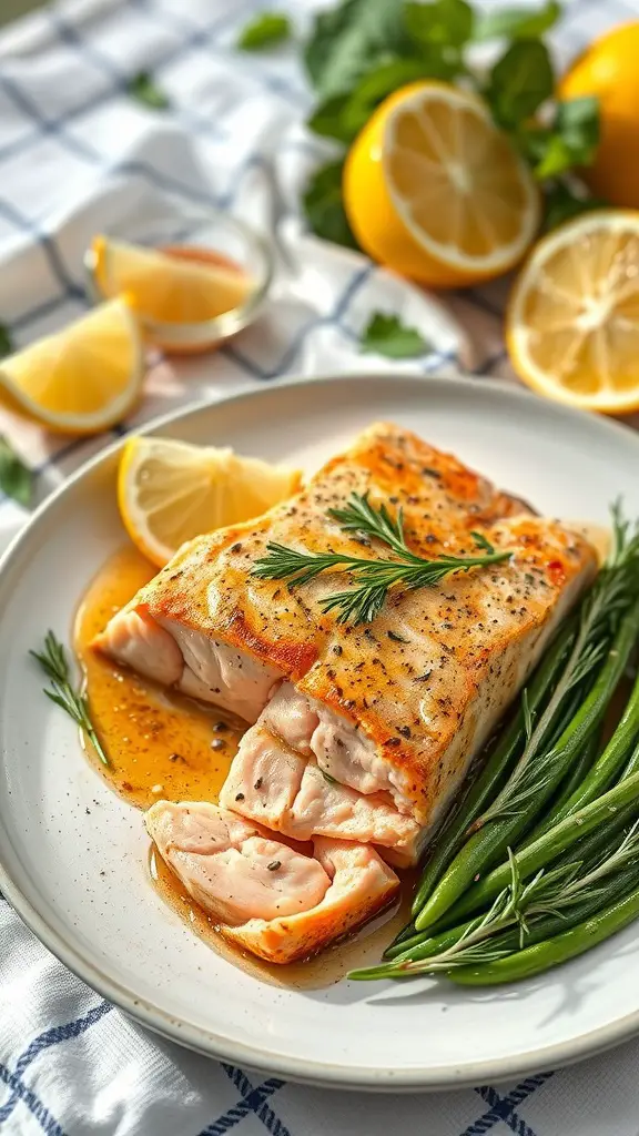 Honey mustard glazed salmon with fresh herbs and lemon slices on a plate.