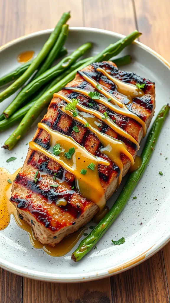 A delicious grilled sirloin steak glazed with honey mustard, served with green beans.