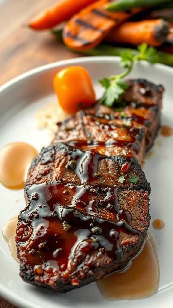 Juicy flank steak glazed with honey soy sauce on a plate with garnishes.