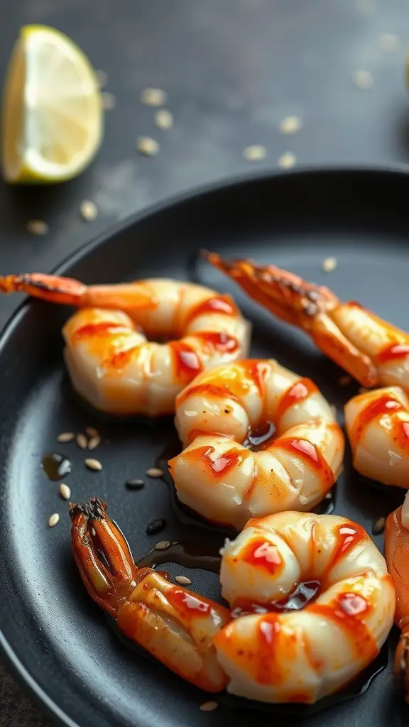 Honey soy glazed shrimp on a black plate with sesame seeds and a lemon wedge