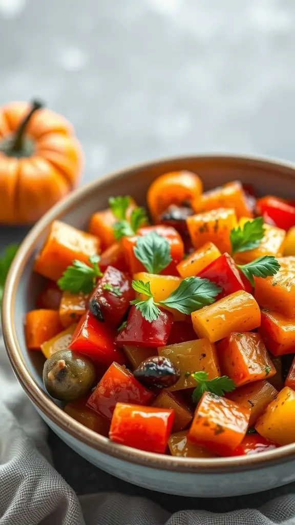 A bowl of colorful ratatouille featuring diced eggplant, zucchini, bell peppers, and herbs.