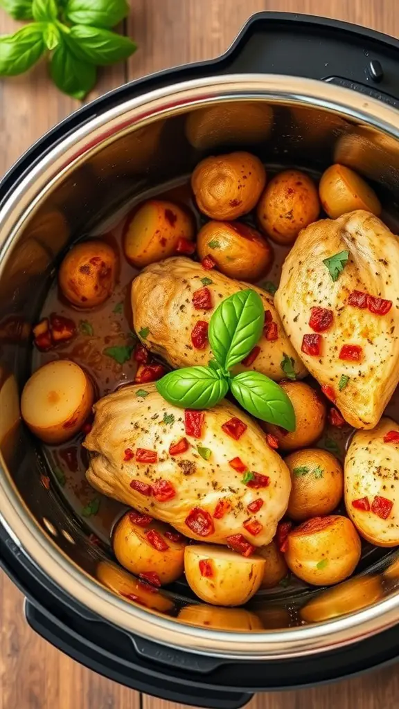 A bowl of Italian chicken and potatoes cooked in an Instant Pot, garnished with fresh basil.