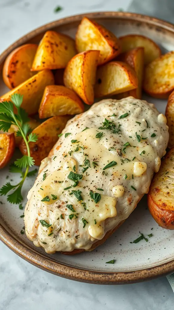 Plate of Italian Herb Chicken with golden roasted potatoes
