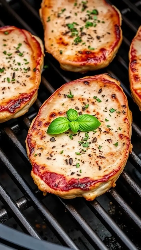 Grilled pork chops with herbs on a grill
