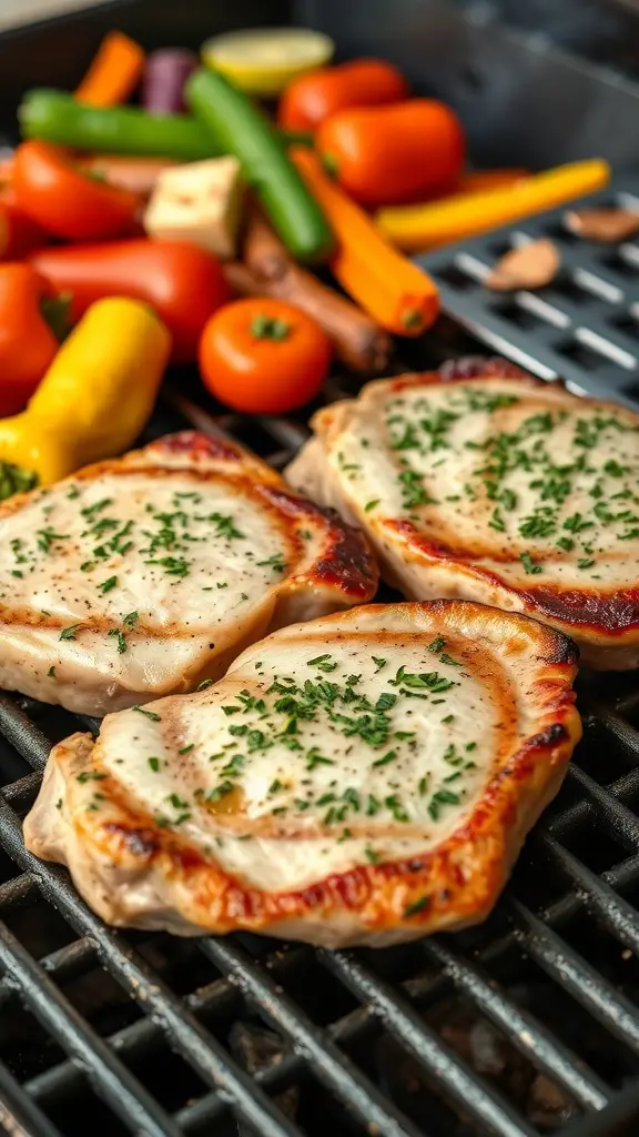 Grilled pork chops with herbs and vegetables on a grill