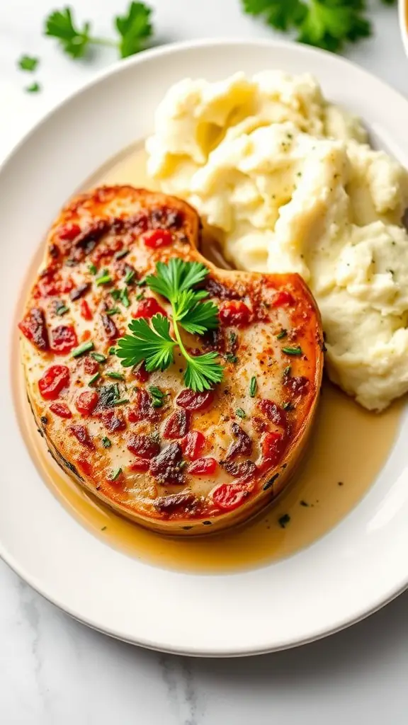 Plate of Italian Herb Stuffed Pork Chops with mashed potatoes