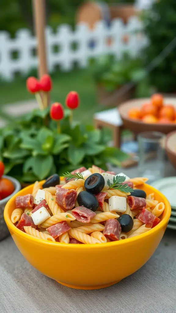 Colorful bowl of Italian pasta salad with salami, cheese, and olives