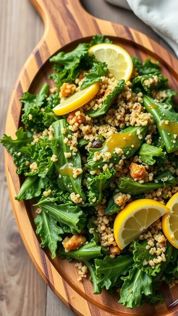 Kale and quinoa salad with lemon vinaigrette garnished with lemon slices.