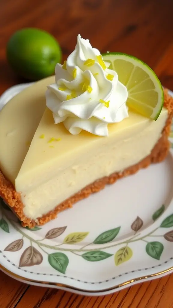 Slice of key lime pie with whipped cream and lime garnish on a decorative plate.