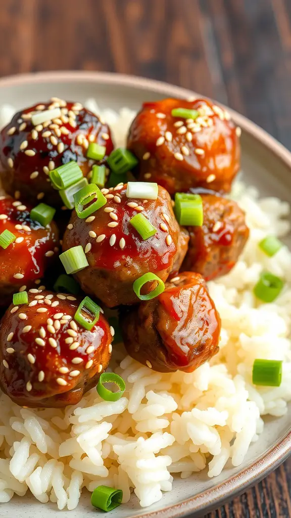 A plate of Korean BBQ meatballs served over rice, garnished with green onions and sesame seeds.