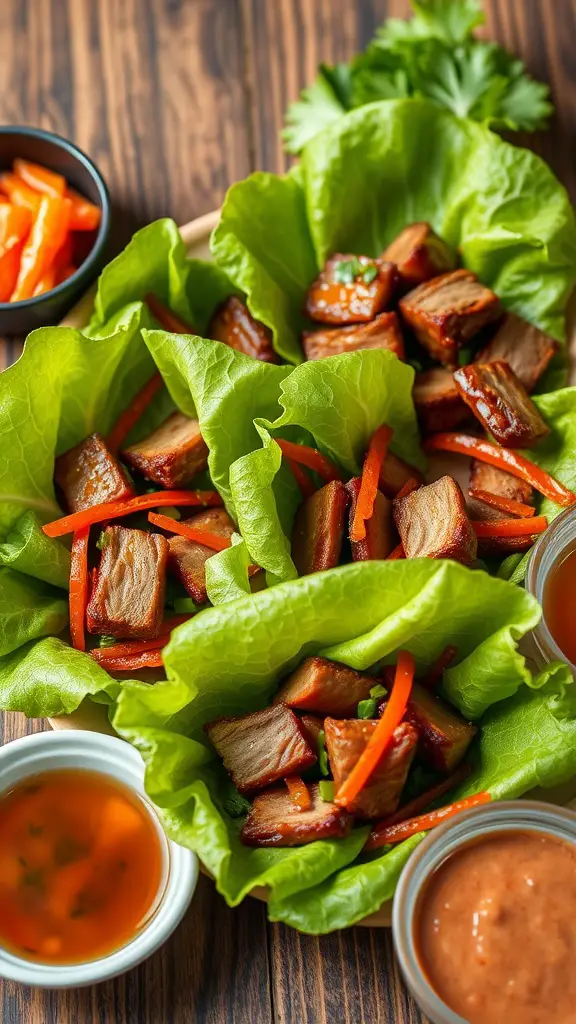 A plate of Korean BBQ pork belly lettuce wraps with colorful vegetables.