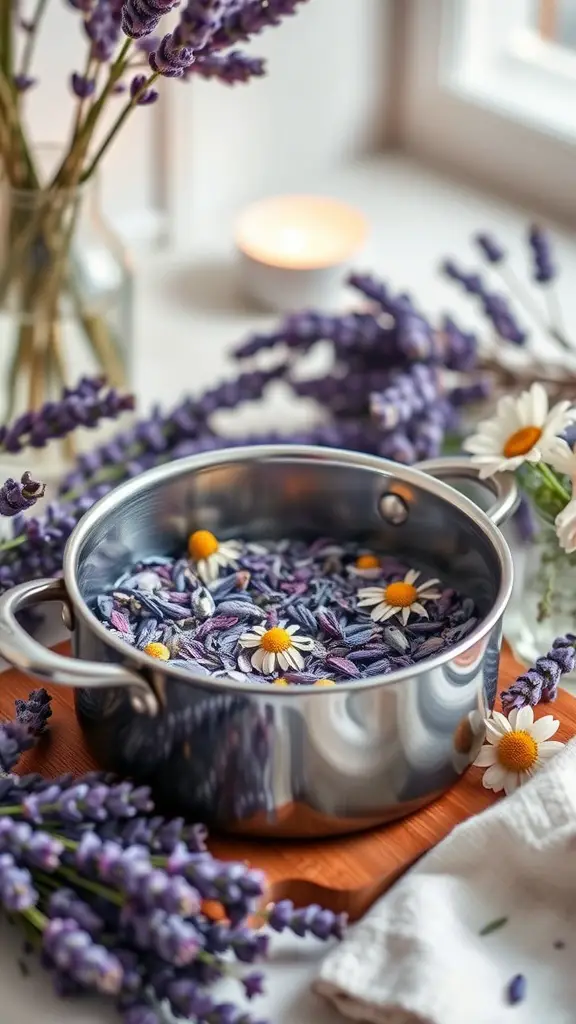 A pot with lavender and chamomile flowers simmering with a soft background of lavender sprigs and a candle.