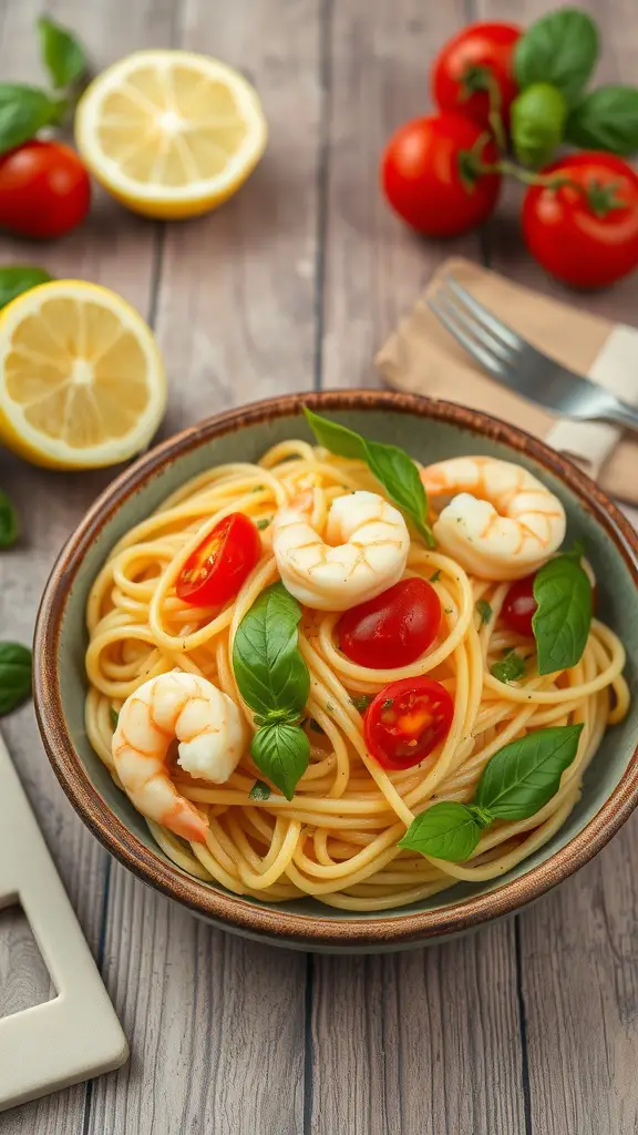 A bowl of Lemon Basil Shrimp Spaghetti topped with fresh basil and cherry tomatoes.