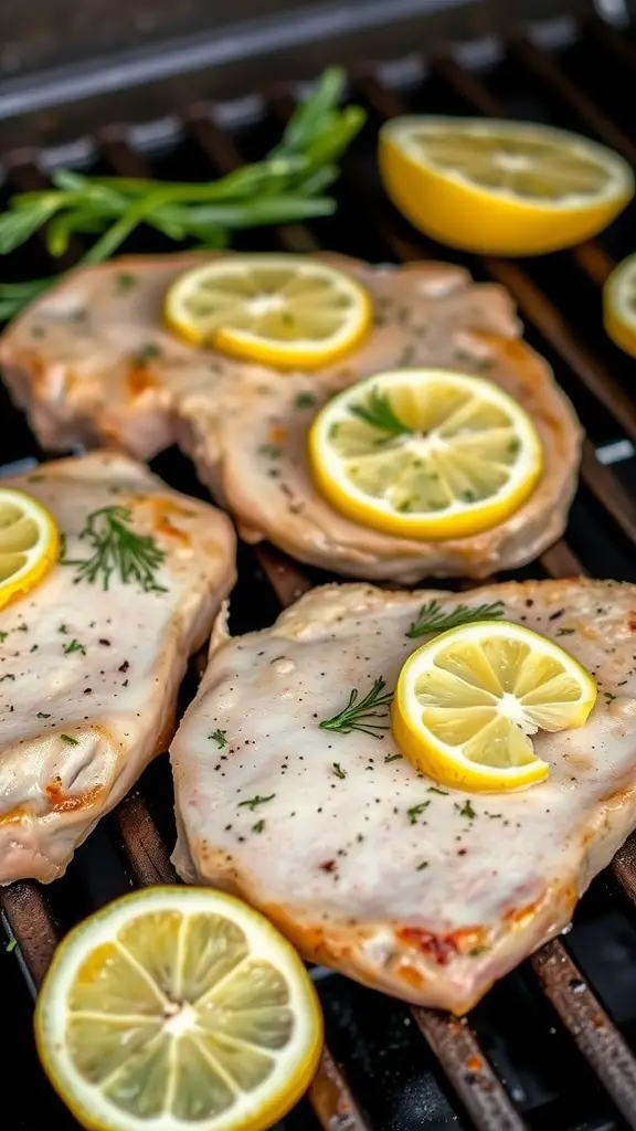 Grilled pork loin chops garnished with lemon slices and fresh dill.