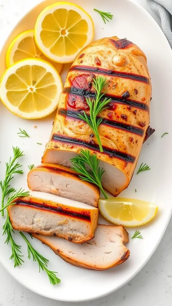Lemon Dill Grilled Pork Loin on a plate with lemon slices and fresh herbs.