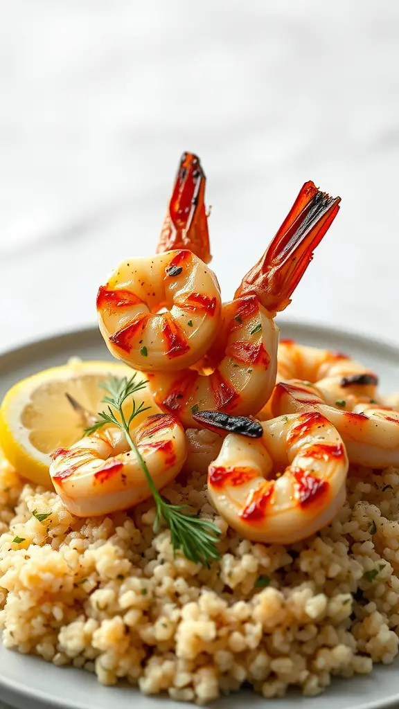 Grilled shrimp on a bed of quinoa with lemon and dill
