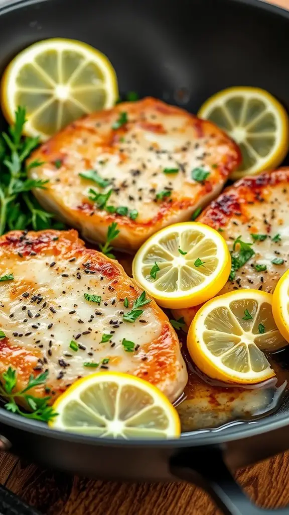 Juicy lemon garlic boneless pork chops garnished with lemon slices