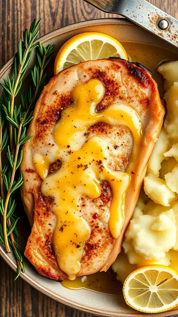 Lemon garlic butter baked pork chops served with mashed potatoes