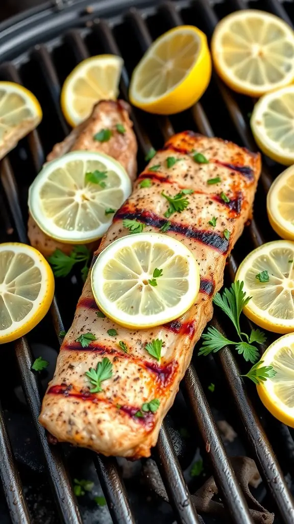 Delicious grilled pork tenderloin garnished with lemon slices and herbs.